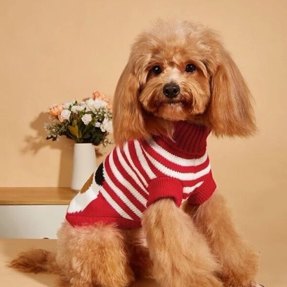 NEW! Cartoon Dog Print Pet Sweater Puppy Turtleneck Striped Festive Cat Kitty - Picture 2 of 3